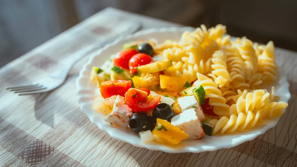 Pasta fredda con melone, feta e basilico